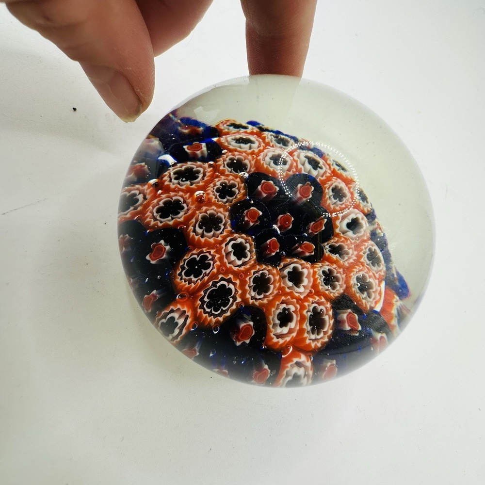 Vintage Millefiori Art Glass Paperweight Blue Red White,Floral Groovy MCM Decor - Picture 3 of 11